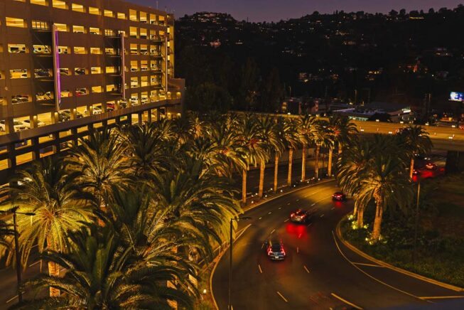 Vista Pro landscape lighting illuminates the entrance to Universal Studios