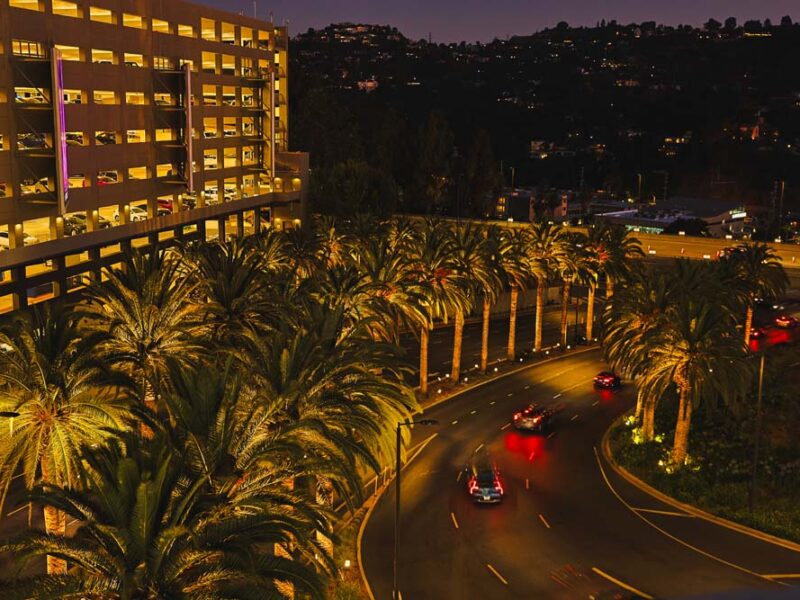 Vista Pro landscape lighting illuminates the entrance to Universal Studios