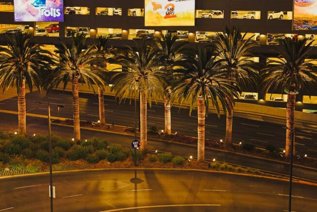 Vista Pro landscape lighting illuminates the entrance to Universal Studios