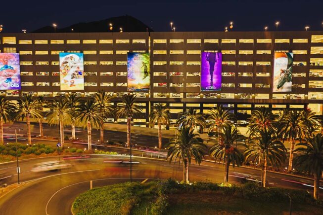 Vista Pro landscape lighting illuminates the entrance to Universal Studios