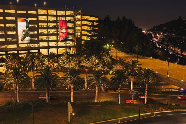 Vista Pro landscape lighting illuminates the entrance to Universal Studios