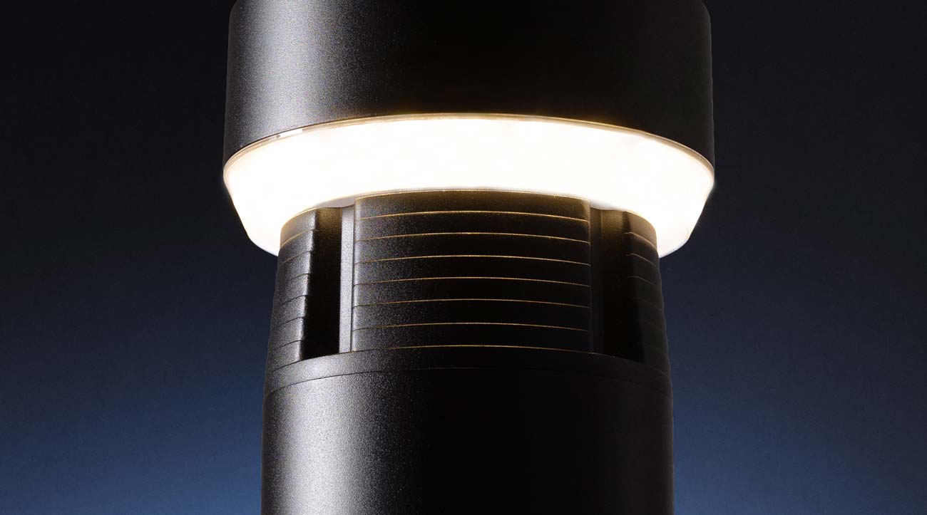 A close-up photo of a Vista Professional lit bollard